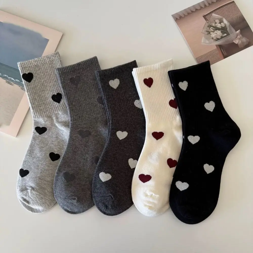 

5Pairs Creative Heart Pattern Love Mid-Calf Socks Harajuku Sweet Patchwork Color Socks Korean Style Mid Tube Socks Girls