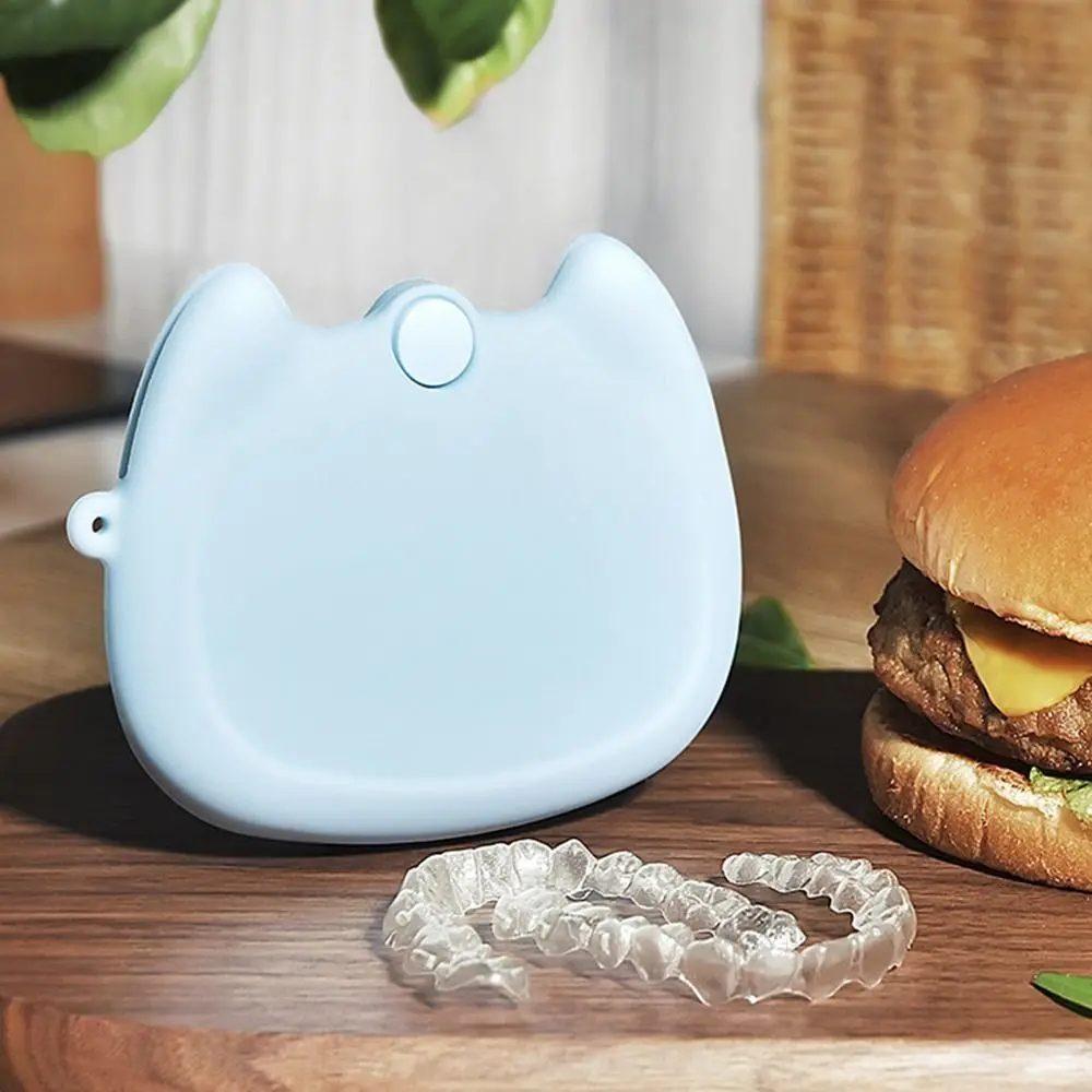 Cartoon Cat Silicone Retainer Case Drain Holes Washable Mouth Guard Container Orthodontic Brace Mini False Teeth Protective Case