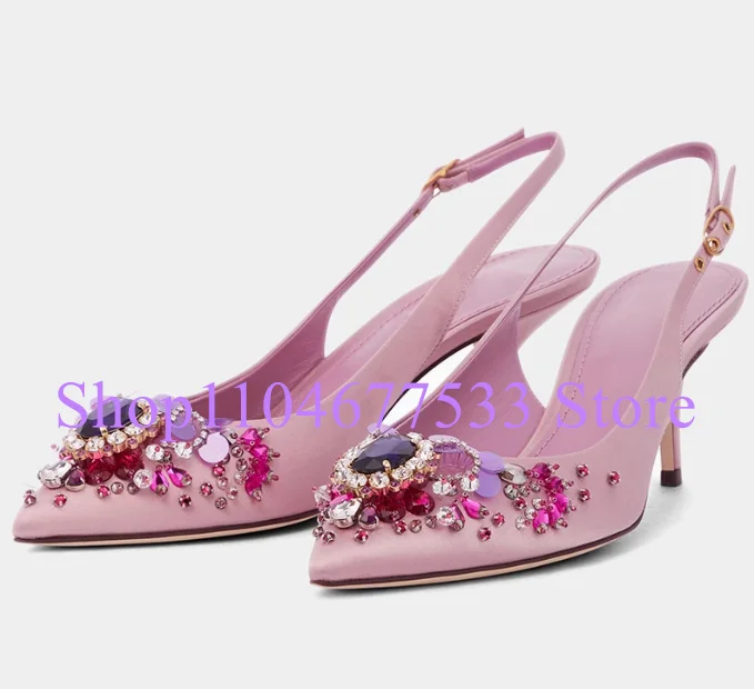 

Pink Color Leather Crystal Lady Sandals Fashion 6cm Thin Heel Woman Slingback Dress Sandals Sexy Female Party Shoes Pumps