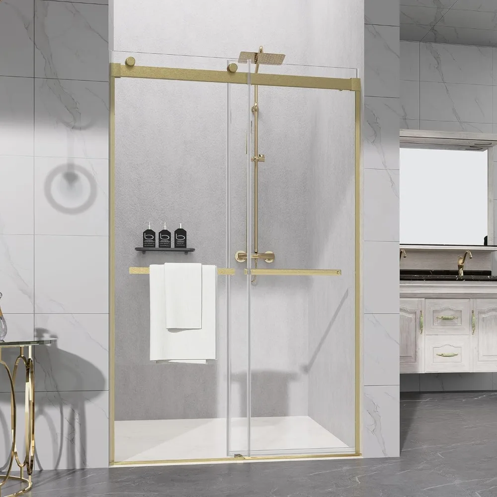 Shower Door  Bypass Sliding Shower Door, Double Sliding Shower Door with Tempered Glass, Shower Glass Door in Brushed Gold