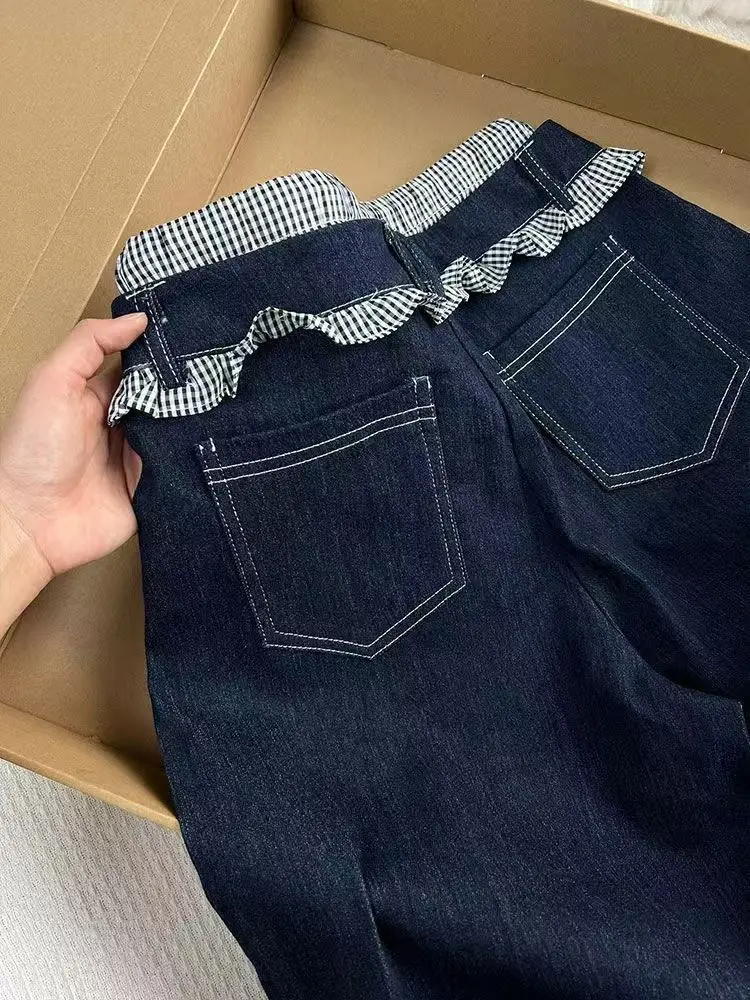 Y2K Trendy Grote Maat Gewassen Geruite Losse Jeans Amerikaanse Populaire Schimmelzoom Splicing Jeans Dames Hoge Taille Rechte Broek
