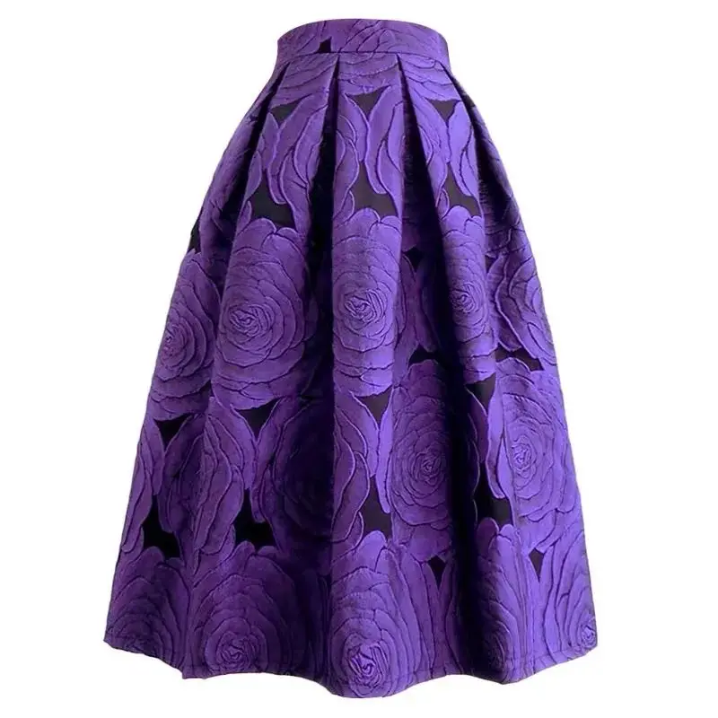 Rose Purple Floral Elegant Chic High Waist Ball Gown Loose Women's Skirt Knee-Length Long Skirts For Women Clothing Fashion 2024