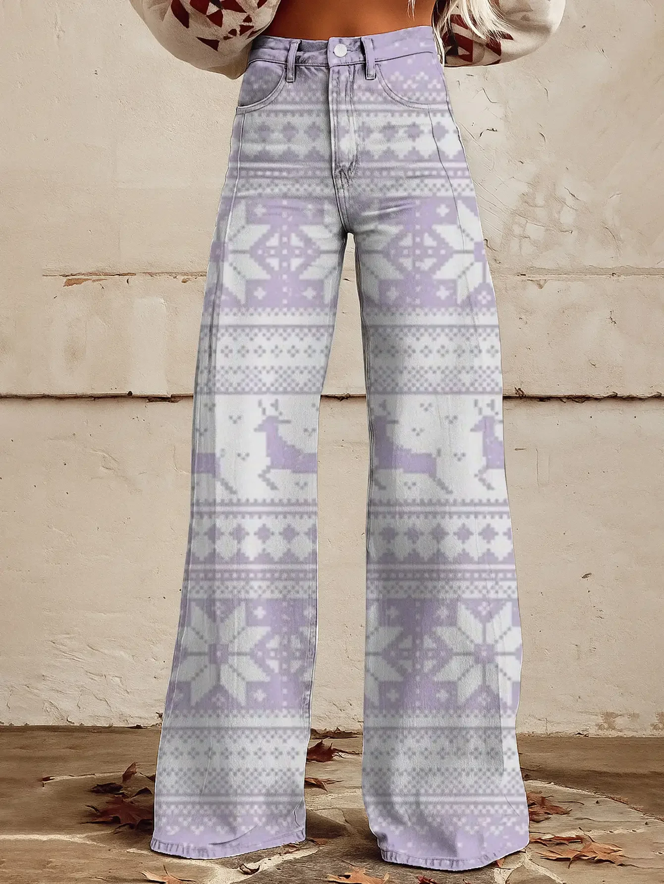 Ladies' new  printed jeans with imitation denim fabric, casual and Tetris retro pattern