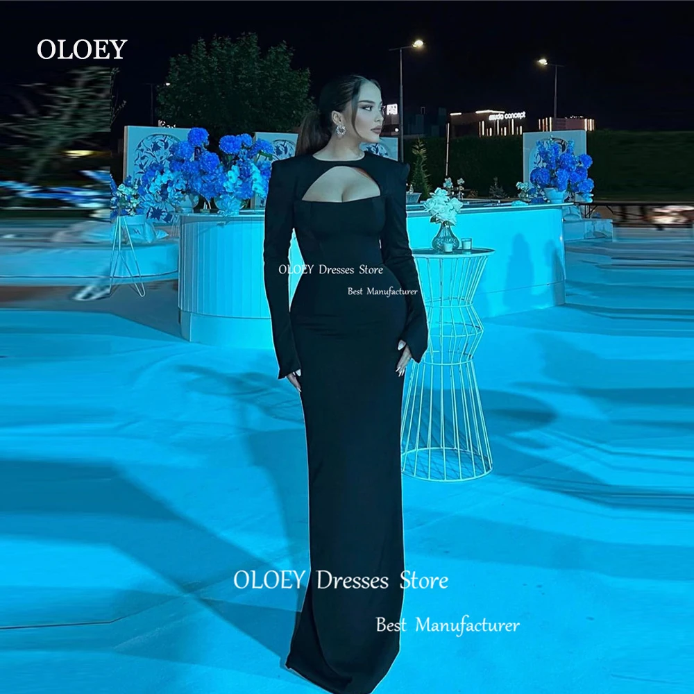 

OLOEY Simple Black Evening Dresses Arabic Women Long Sleeves O-Neck Floor Length Formal Party Dress Prom Gown Occasion Event