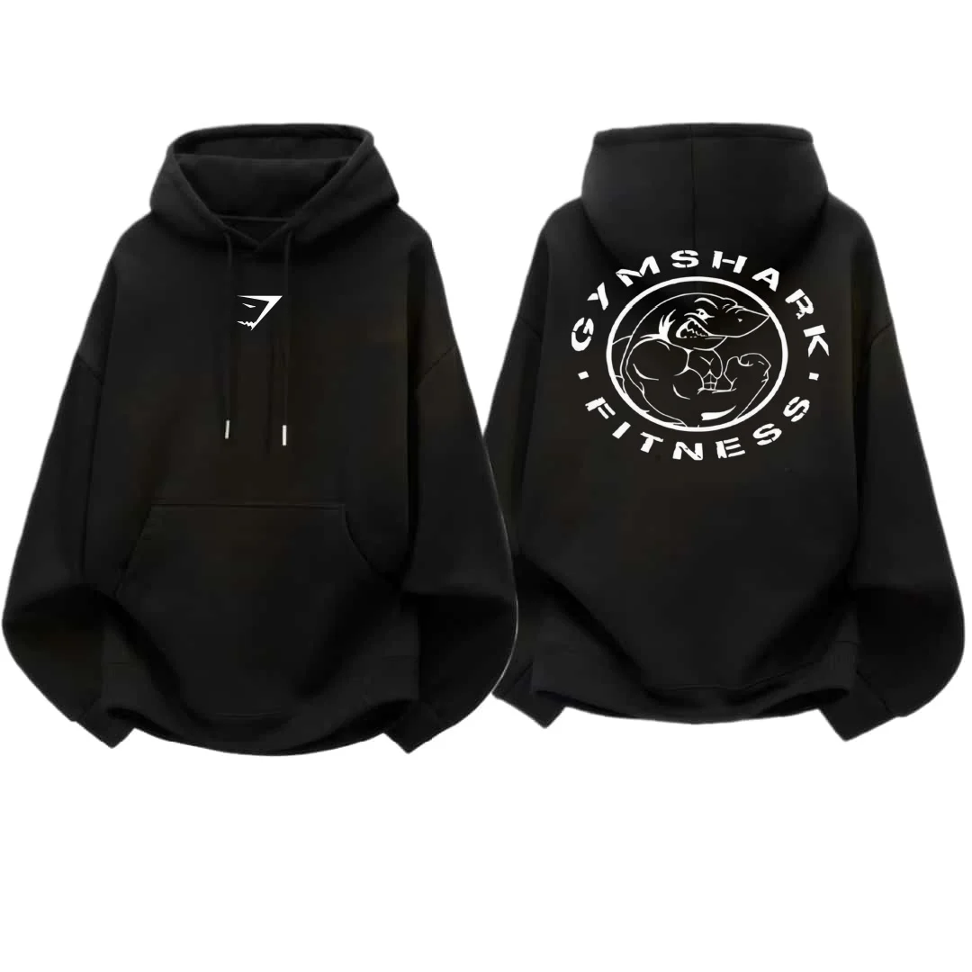 GYM SHARK Men's Fitness Hoodie Hoodie, Cartoon Muscle Shark Back Print, Casual Exercise Hoodie