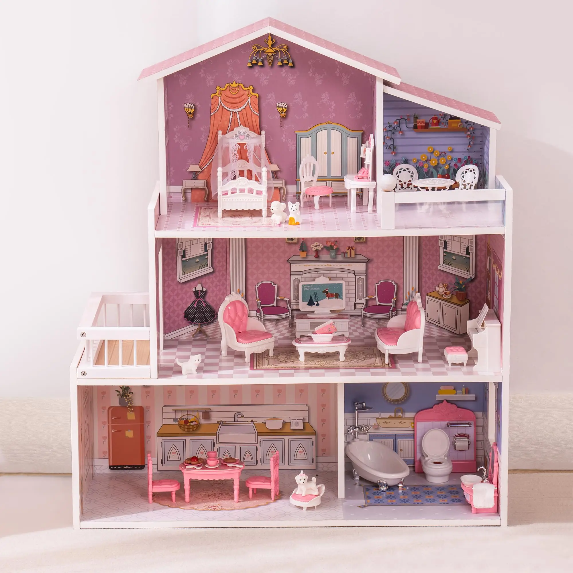 ROBUD Wooden Dollhouse Playset 3 Stories 5 Rooms 24 PCS Furniture Pretend Play Toys Gift for Kids Toddlers Girls