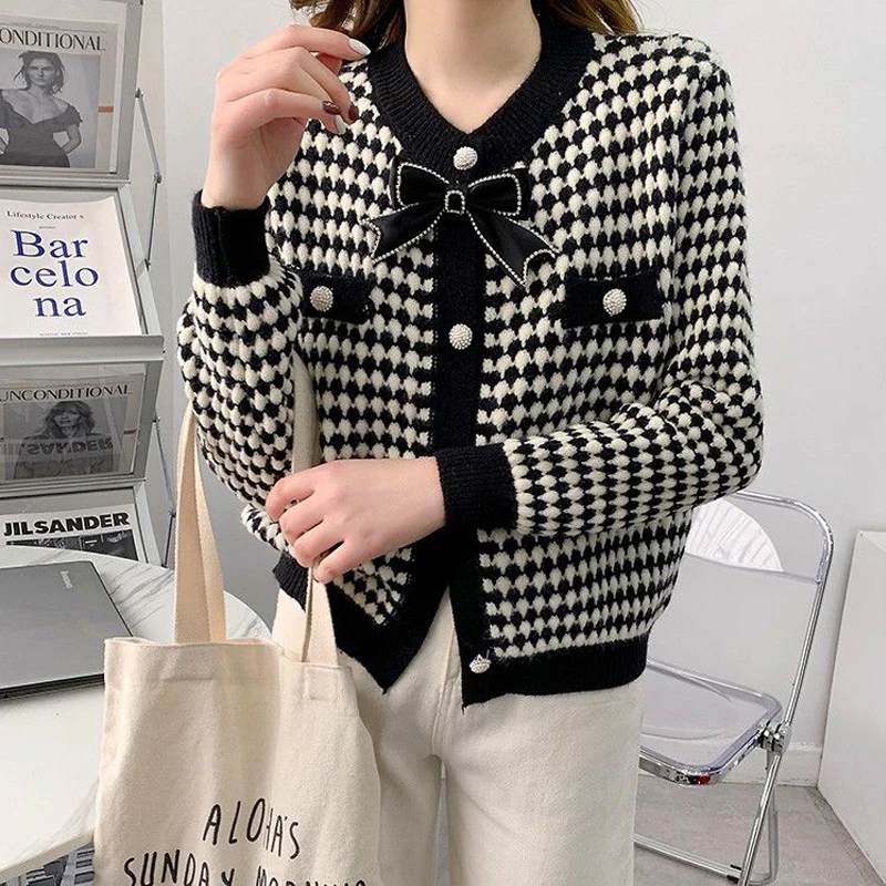 Women Trendy Houndstooth Bow Chic Sweet Outewear Button Knitted Cardigans Autumn Winter Casual O Neck Long Sleeve Sweater Coat