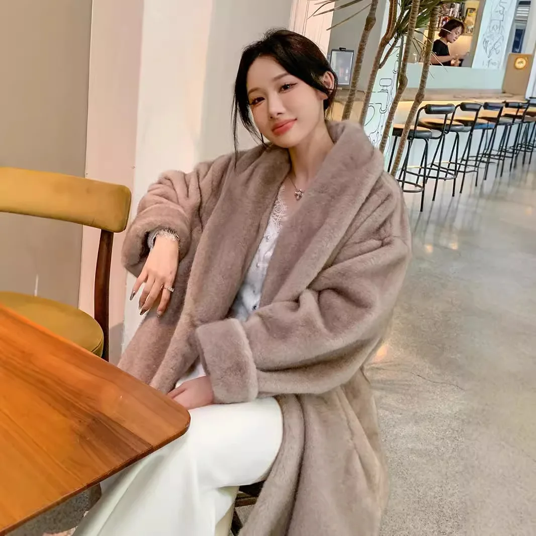 

Shpmishal длинная шуба из искусственного норкового меха, женская зимняя шуба с закатанными рукавами, 2025 г., свободное повседневное пальто, женская одежда