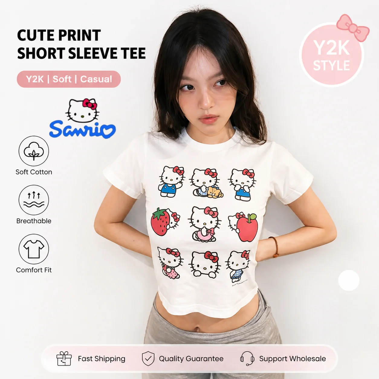 

Sanrio Hello Kitty Short Sleeve T-Shirt Crop Cotton Crew neck Summer New Women Girls Youth Print Cute Slim Y2k Korean Daily Soft