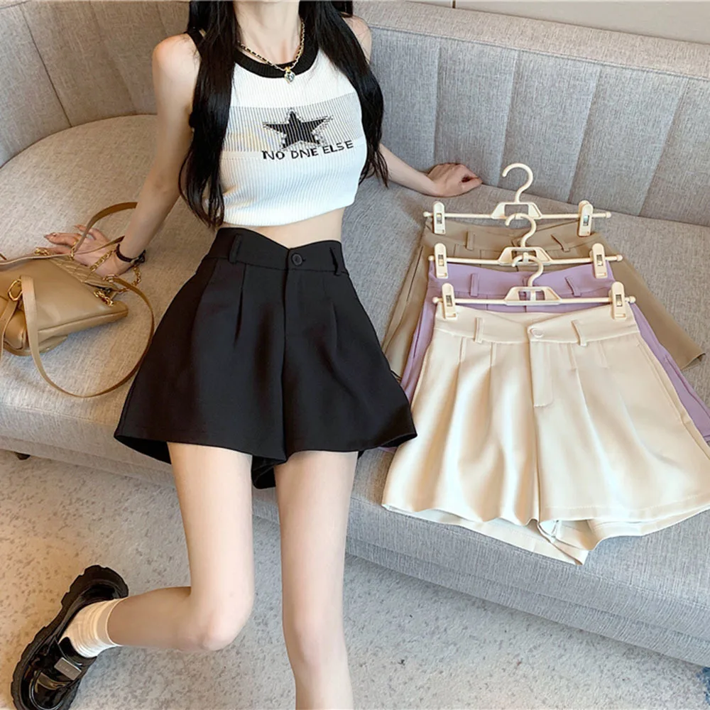 

Casual High Waist Shorts For Women Summer Chic Wide Leg Hot Suit Pants Girl Student Loose Purple Short Pants Female Pantalones