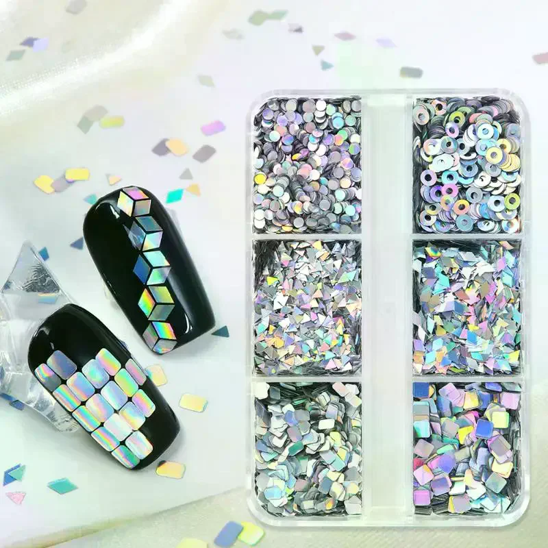 6 그리드 네일 강화 레이저 네일 글리터 플래시 기하학적 패턴 네일 장식 네일 참 DIY 매니큐어 도구