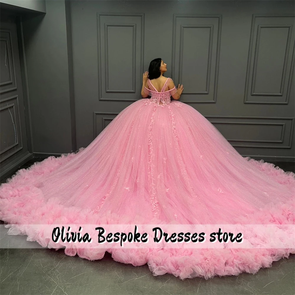 Affascinante Appliques rosa abito Quinceanera TasselTulle increspato treno Ball Gown abiti da sposa messicani de 15 aecos personalizzati