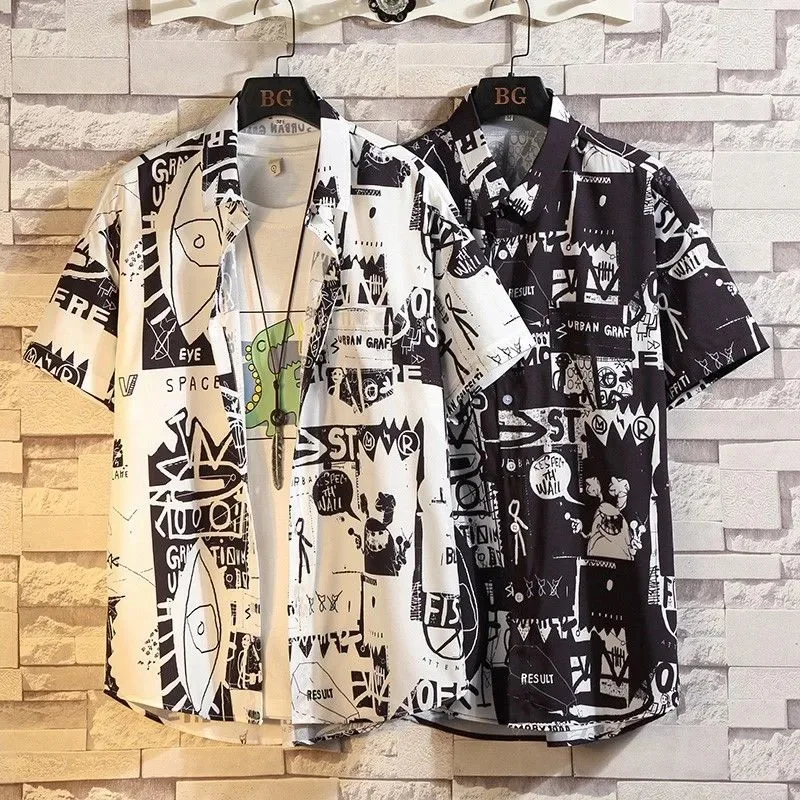 Cool Silk Short Sleeve Shirt Men's Summer Trendy Brand Korean Style Handsome Print Street Graffiti Personality Men's Shirt