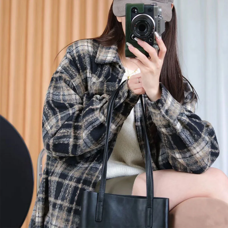 

Vintage Oversized Plaid Shirts Women Autumn Winter Thicken Flannel Woolen Blouses Ladies Harajuku Loose Long Sleeved Shirt Top