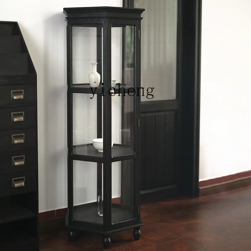

ZK medieval display cabinet hexagonal solid wood glass cabinet floor-to-ceiling retro home display cabinet home accessories