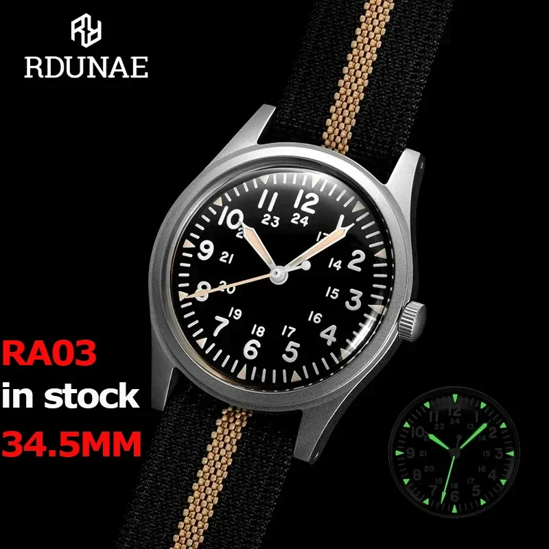 RDUNAE RA03 G10 34.5mm Retro Military Watch 316L Stainless Steel K1 Mineral Glass Luminous Sports Quartz Men Pilot Watch Men