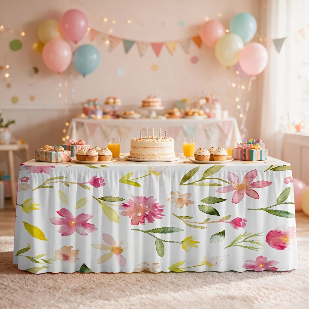 1 watercolor flower print tablecloth table skirt for events, kitchen and dining room decorations