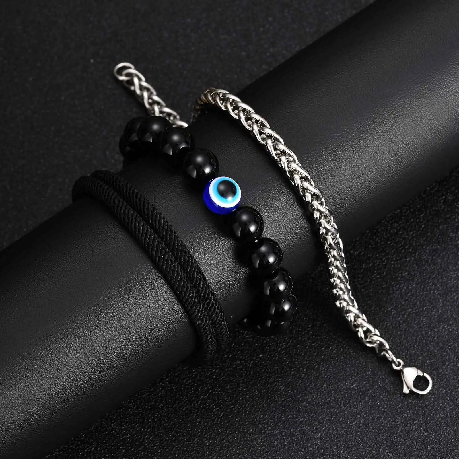 3 قطع سوار رجالي أنيق، سوار معصم قابل للتعديل بحبل أسود اللون، سوار مطرز على شكل عين الشيطان التركية #5
