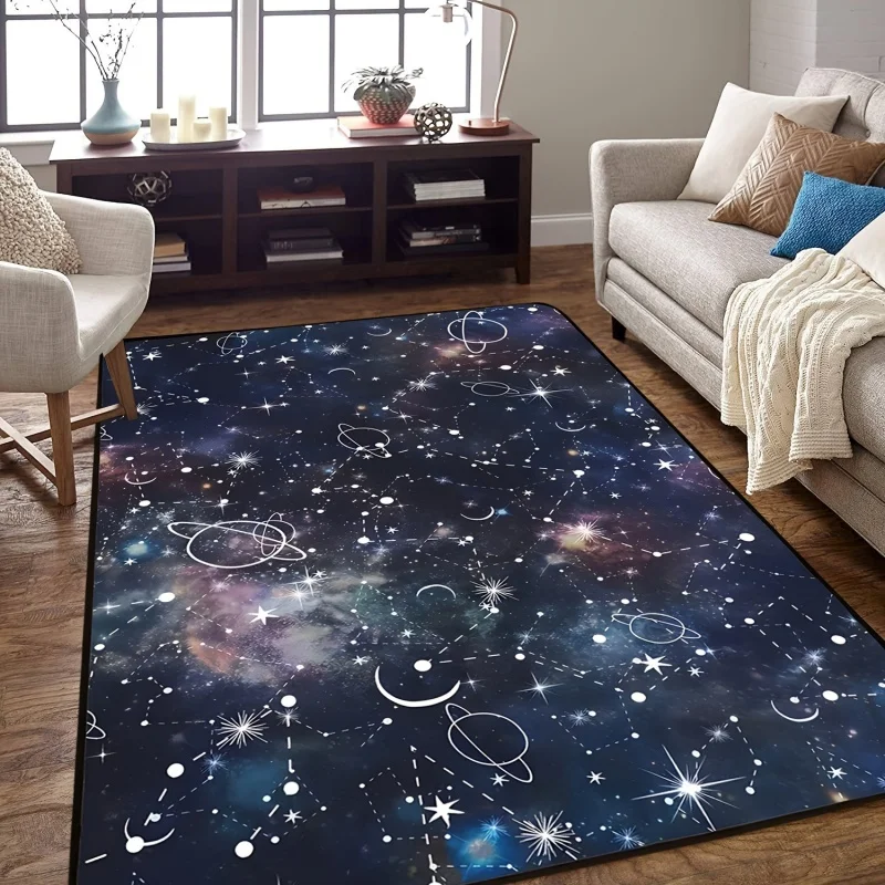 Dark Galaxy Constellation Star Planet Moon Space Large Area Rug, Cosmic Zodiac Nebula Non-slip Play Rug for Bedroom