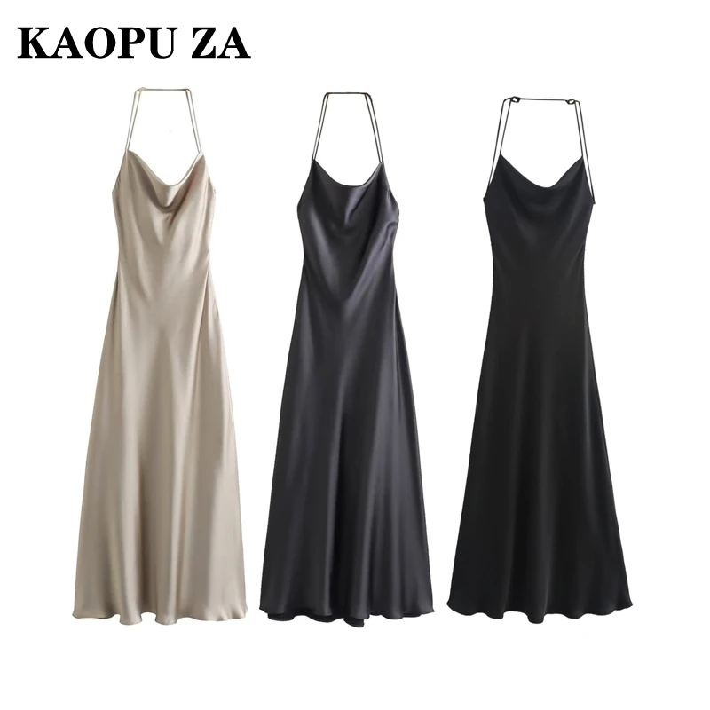 KAOPU ZA 2024 New Summer Women's Elegant Halter Neck Little Black Dress with Satin Texture Casual Evening Fashion Dress