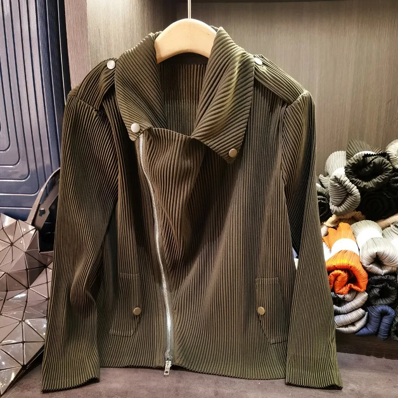 

‌Miyake Pleated Vintage Bomber Jacket - Oversized Geometric Fold Stand Collar Zipper Long Sleeve Casual Outerwear Winter Coat‌