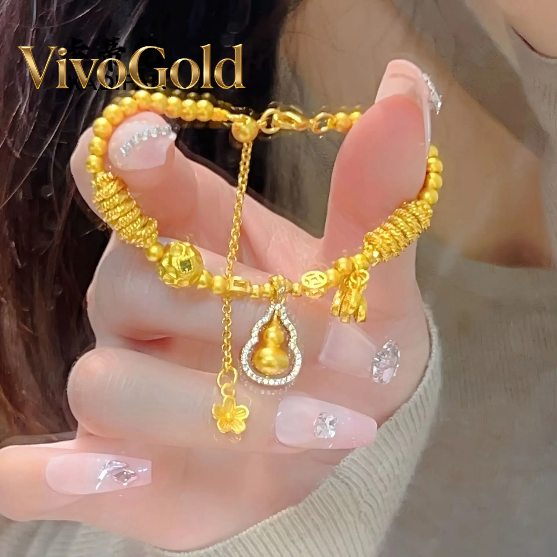 

VivoGold9999 24K real gold point drill rotating small gourd safe transport beads disk wrap bracelet women's high-end disk wrap b