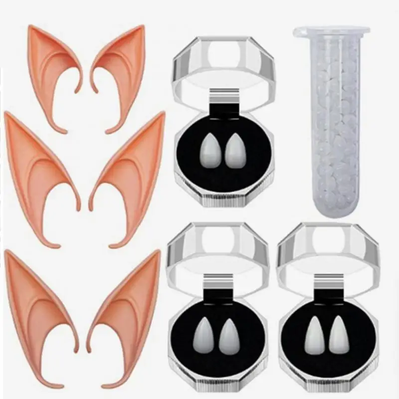 Accesorios de dientes de vampiro para Halloween, orejas de látex, accesorio de disfraz de Hada, orejas de elfo de Ángel, accesorios para fotos, juguetes de Cosplay para adultos y niños