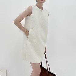 French Temperament Simple Office Dress Summer Women Korea Chic Elegant Sleeveless Apricot Sequins Sleeveless Loose Tweed Dresses