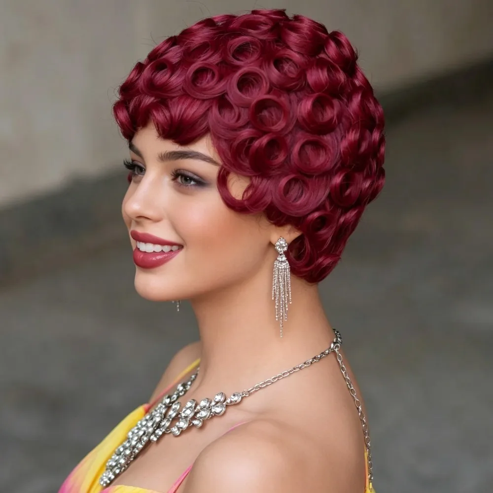 99J Burgundy Short Curly Pixie Cut Human Hair Wig for Black Women, Brazilian Remy Human Hair Wig Natural Looking Real Hair Wig