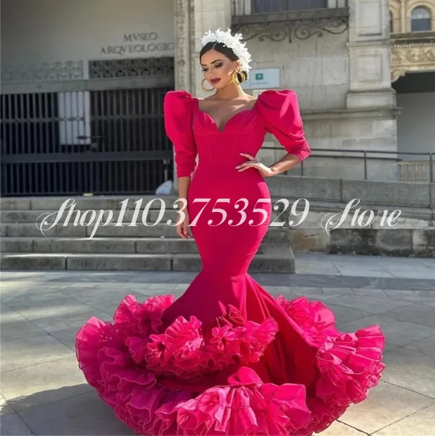 

Rose Flamenco Dancer Prom Dress 2025 Luxury Custom Ruffle Puff Sleeve Mermaid Evening Hochzeitspartykleid