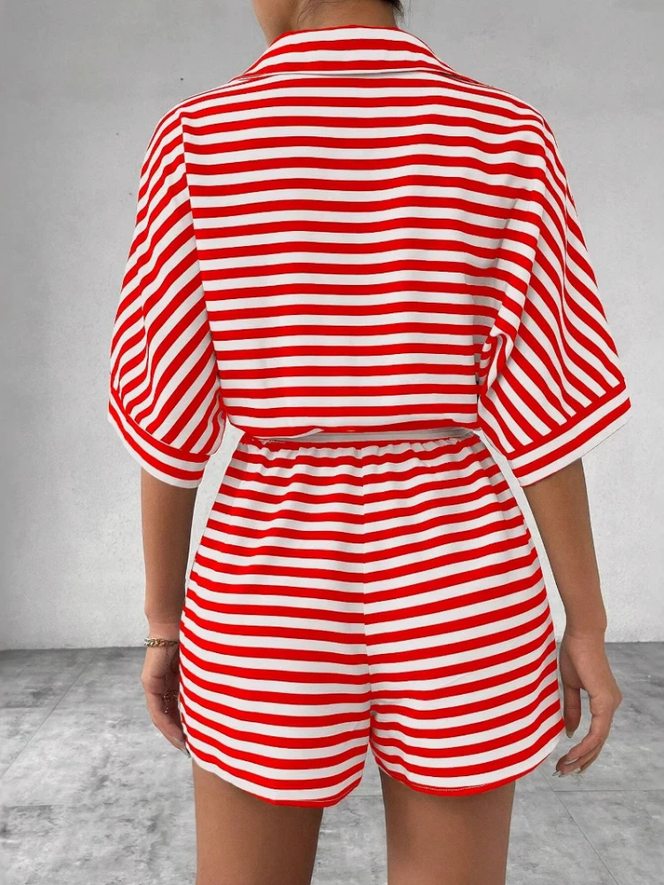 Fashion Striped Print Jumpsuit Woman 2025 Summer New Lapel Single Breasted Elastic Waist Lace Up Half Sleeved Short Jumpsuits