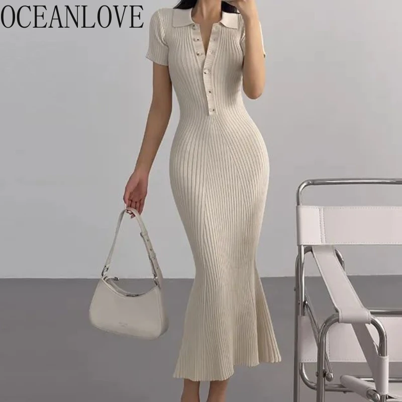 OCEANLOVE Mermaid Ruffles Dresses for Women Knitted Solid Single Breasted Sexy Vestidos Mujer Fashion Spring Summer Long Dress