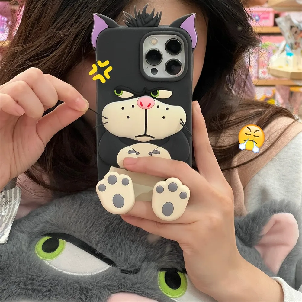 3D Lucifer Cat Disney Stretching feet Cover For iPhone 11 12 13 14 15 16 Pro Max With Lanyard Cute Cartoon bracket Case