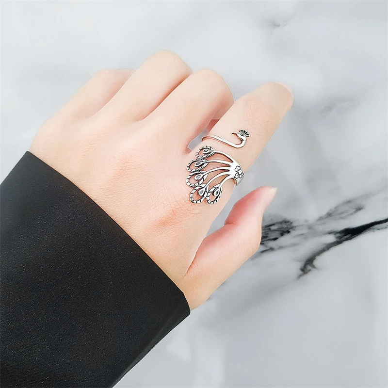 WYEAIIR Vintage Creative Art Peacock Thai Silver 925 Sterling Silver Resizable Opening Ring For Women Luxury Jewelry