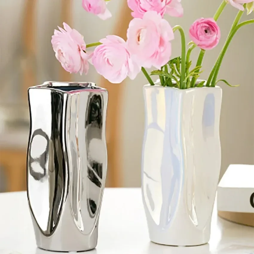 Ceramic Vase Luxury Electroplated Silver Flower Arrangement Irregular Porcelain Hydroponic Vase Ornament Interior Art Decoration