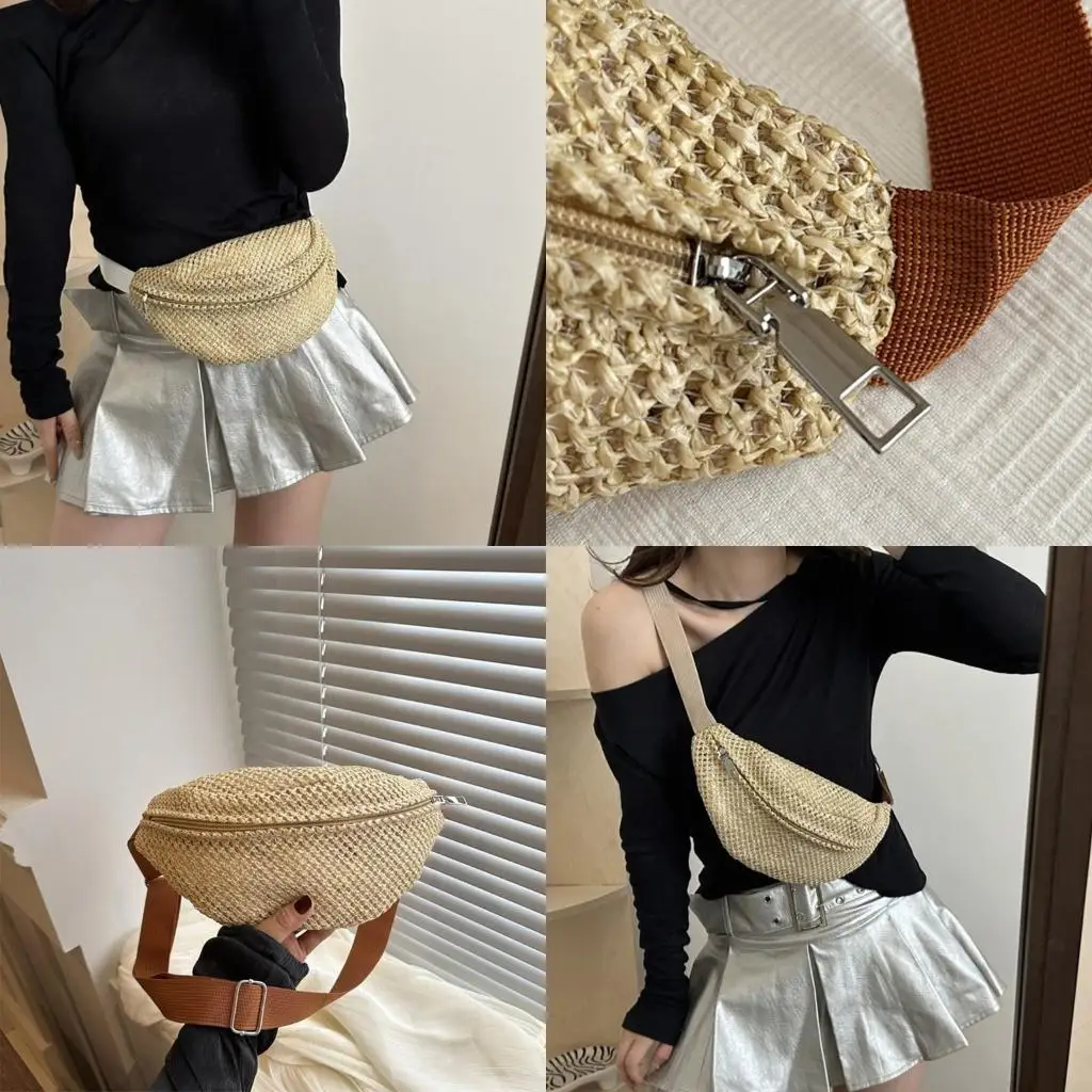 

Elegant Woven Straw Shoulder Bag with Adjustable Strap Casual Beach Vacation Crossbody Chest Bag Zippered Waist
