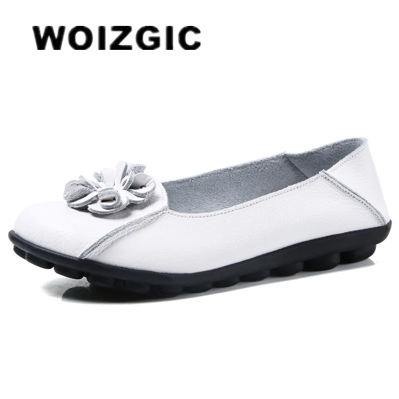 

WOIZGIC Women Mother Ladies Female Woman's Old Slip On Flowers Genuine Leather Shoes Flats Loafers Size 35-44 XHN-715