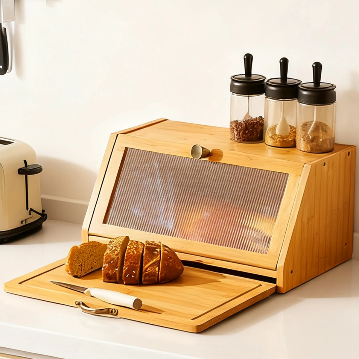 

Bamboo Bread Box Cutting Board Combo, Large Capacity Kitchen Corner Organizer for Pantry Storage