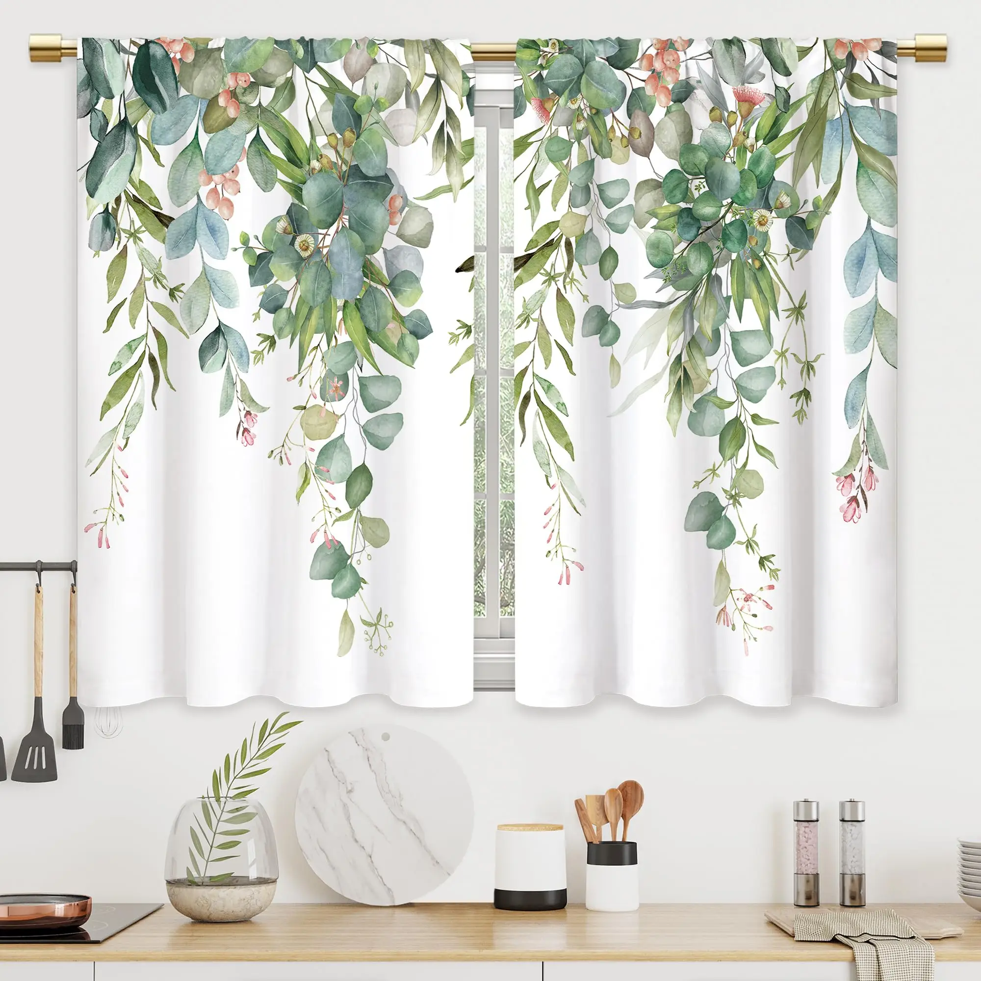 2 Pcs Kitchen Curtains Green Leaves Window Treatment Drapes Tier Flower Floral Cafe Small Bedroom Short French Door Curtains