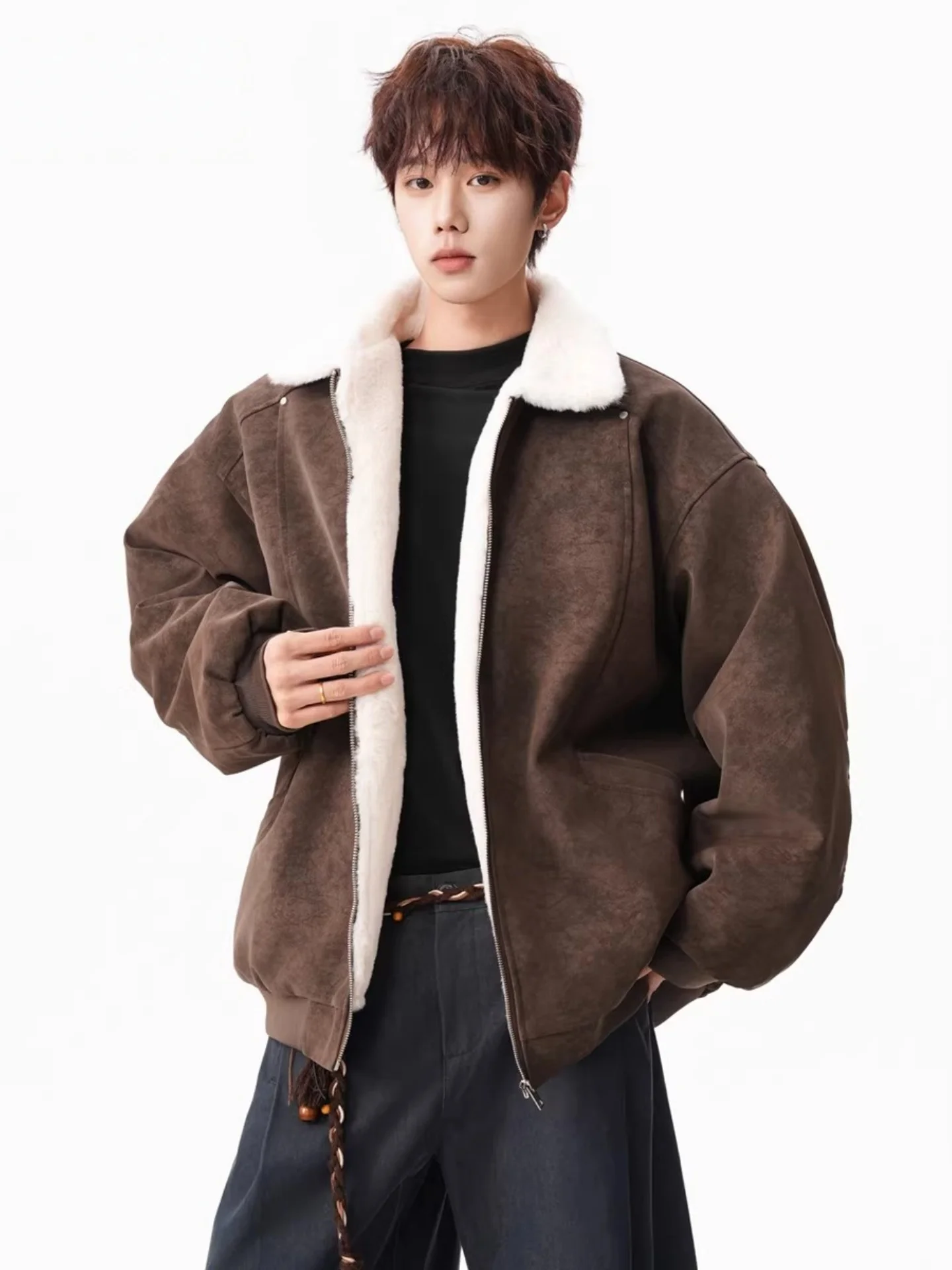 

Мужская зимняя куртка из искусственной кожи с отделкой из меха ягненка, утепленная хлопком, с воротником-стойкой, теплая, в американском стиле