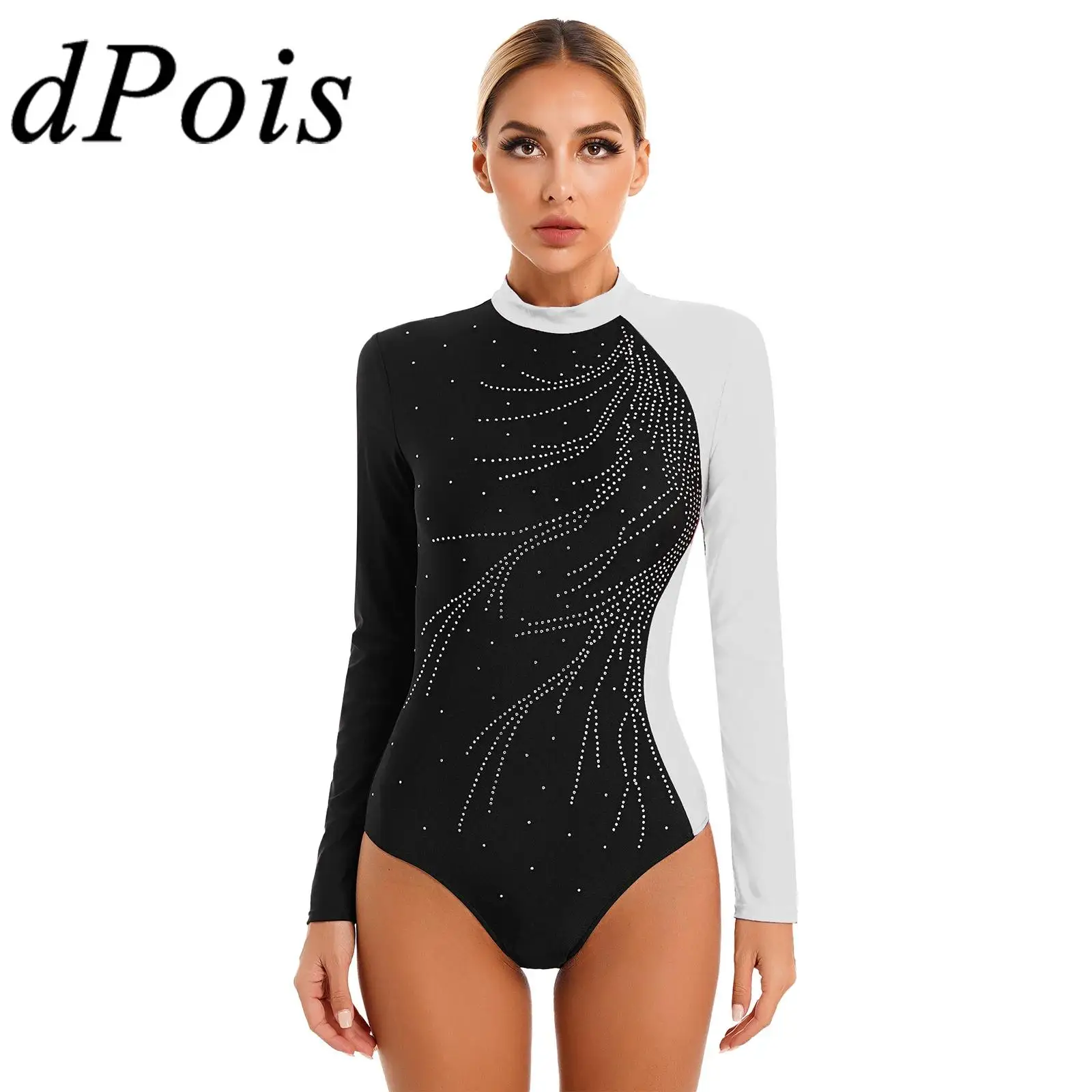 Womens Glitter Rhinestone Ballet Dance Leotard Color Block Gymnastics Bodysuit Long Sleeve Dancewear Figure Skating Jumpsuit