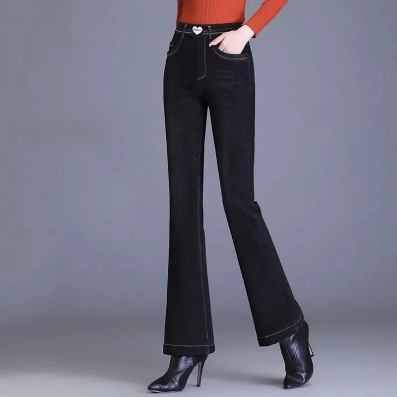 豪華な厚みのあるマイクロフレアジーンズ女性のための弾性ハイウエスト秋冬新弾性痩身暖かいカジュアルフレアズボン