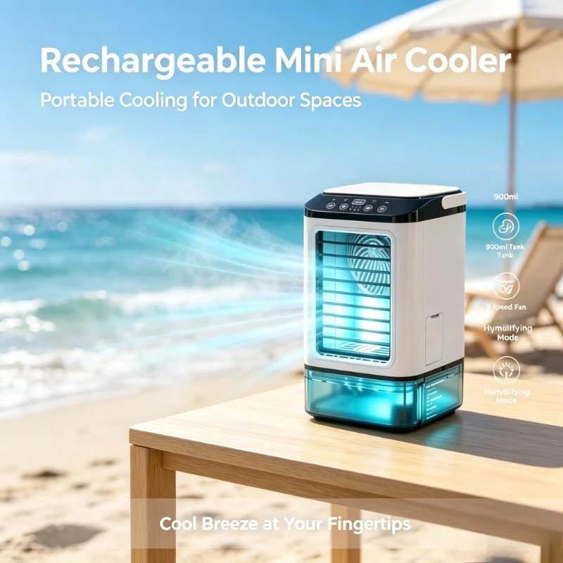 Portable Rechargeable Evaporative Mini Air Cooler 900ml Tank 3‑Speed Desk Fan 7‑Color Night Light Humidifier for Home Travel view 6