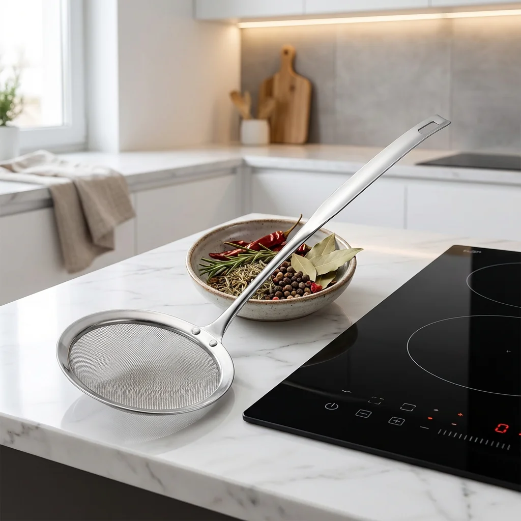 Espumadera de Sopa de Doble Capa de Malla Fina, Elimina la Espuma y el Aceite. 37x10x1cm, Asa Resistente, Fácil de Limpiar