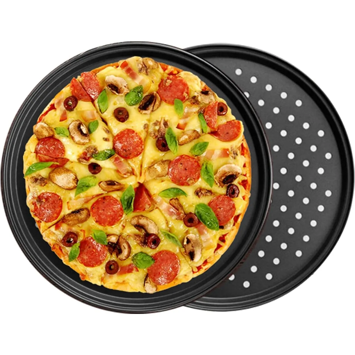 1/2 Peças Assadeira de Pizza Perfurada em Aço Carbono com Furos Antiaderente Redonda para Forno, Utensílio de Cozinha para Assar Crocante