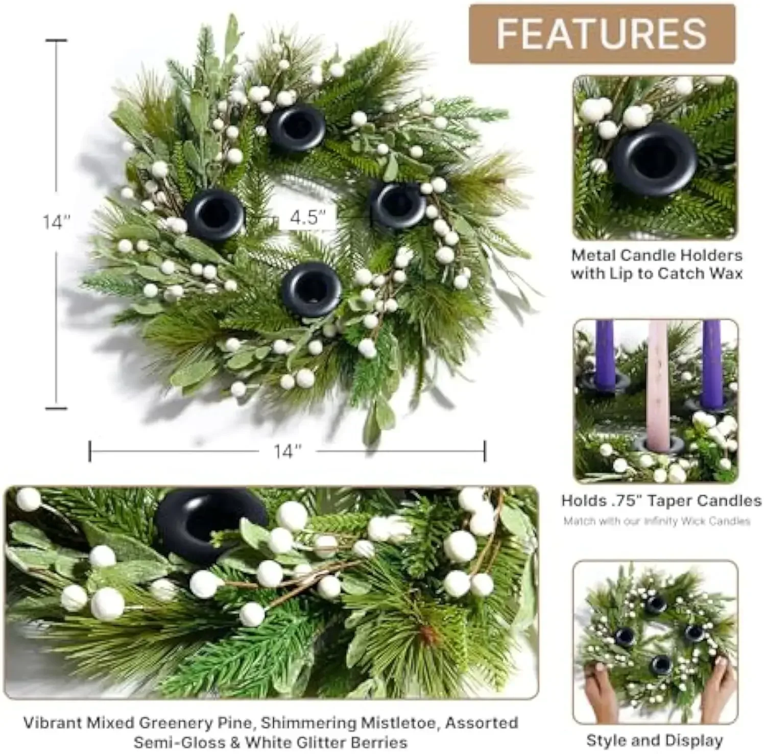 Advent Wreath Candle Holder, 14 Inch Advent Candle Wreath, Pine Candle Ring, Catholic Advent Wreath Christmas Decoration Set