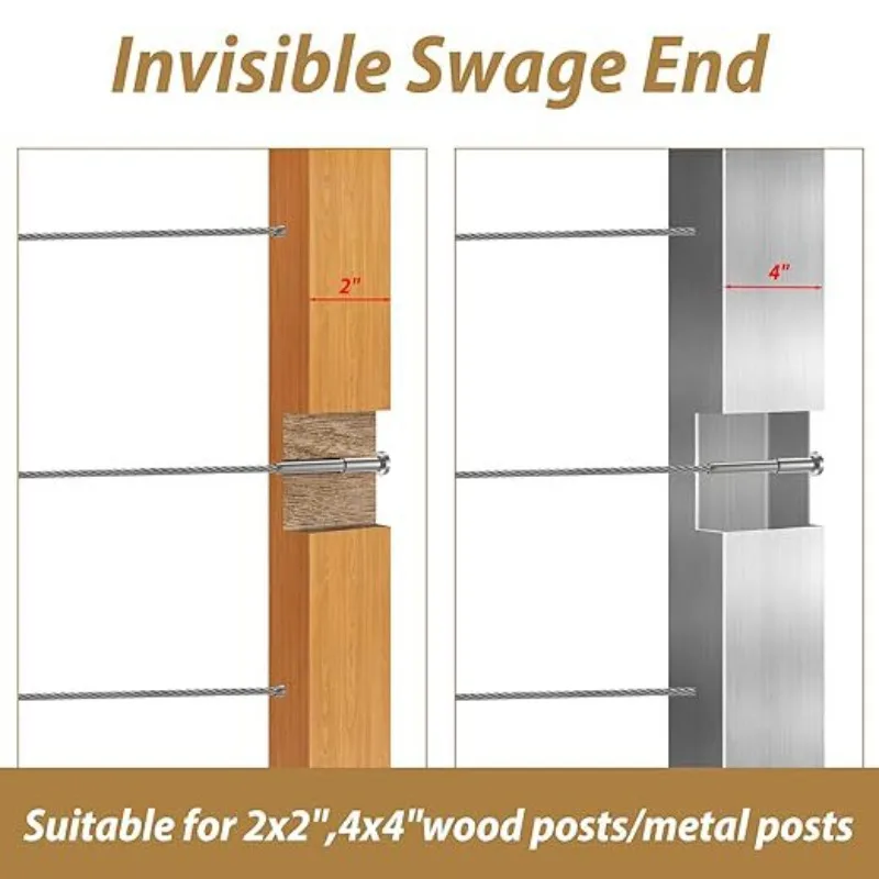 50 Pack Invisible Cable Railing Kit 316 Stainless Steel 1/8" Receiver and Swage Stud End for Cable Railing Swage Tensioner