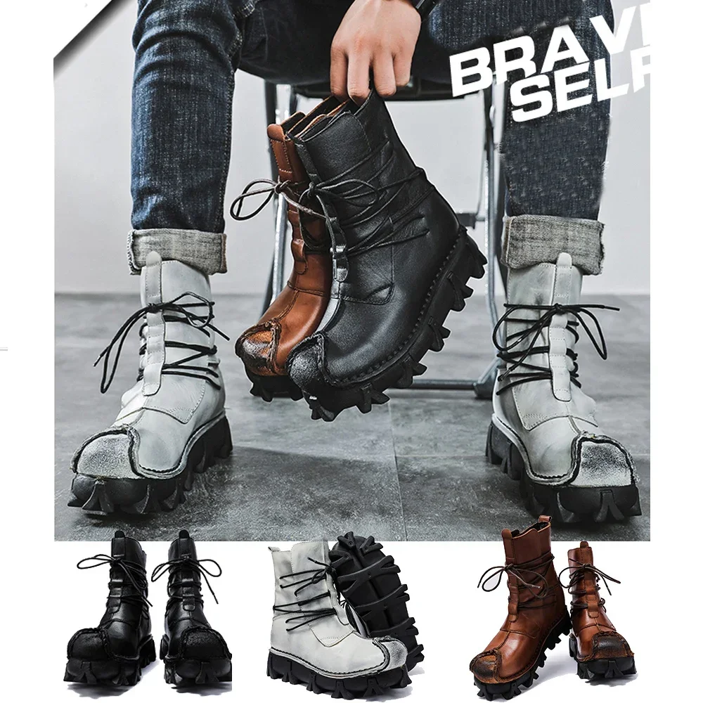 Fashion Men's Genuine Leather Motorcycle Boots Goth Skull Work&Safety Boots Winter Punk Mid-calf  Western Riding Boots
