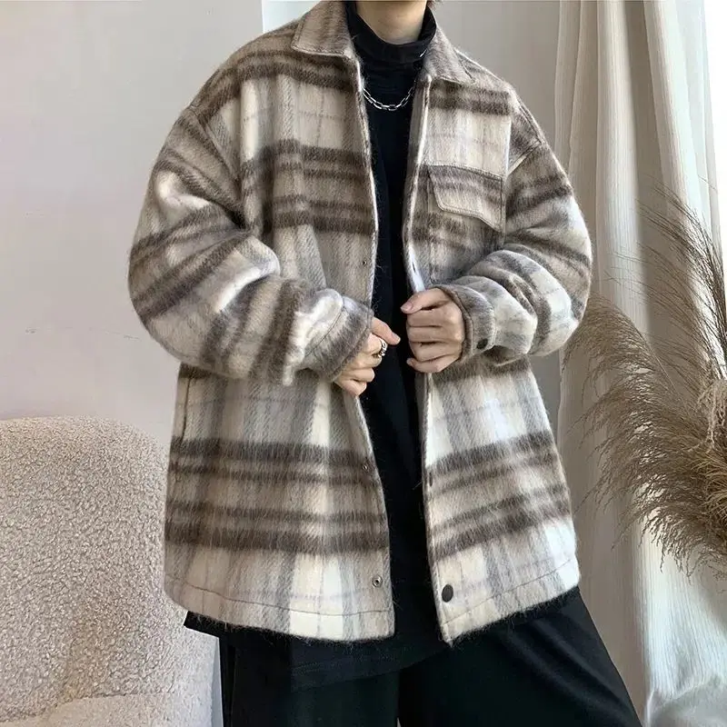 

Мужской ленивый корейский модный свободный клетчатый шерстяной топ, весенне-осенняя верхняя одежда Salt System, длинное пальто-све