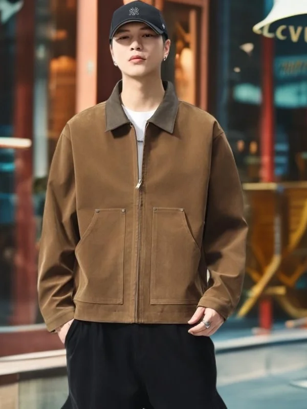 Свободная повседневная куртка из искусственной кожи контрастного цвета, рабочая одежда с лацканами, осеннее новое мужское пальто на молнии